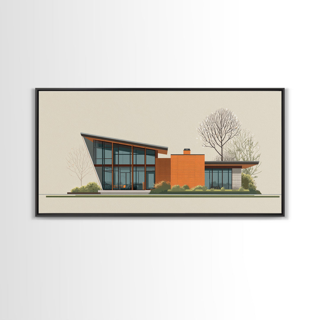 Angular Glass Midcentury Home Canvas Print, Modern Architecture Wall Art, MCM Decor, Retro House Poster For Living Room Decor