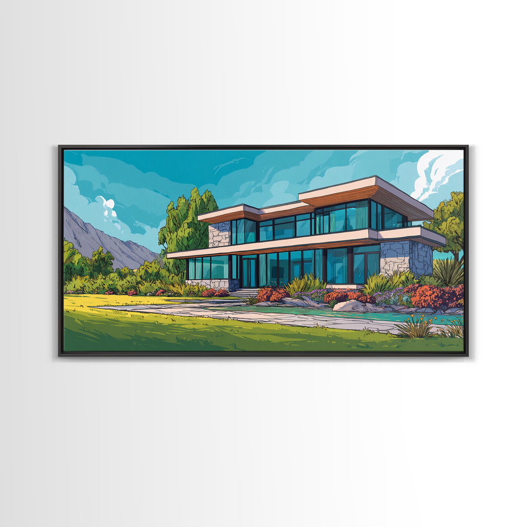 Mountain Modern Glass House Wall Art, Midcentury Modern Architecture Poster, Colorful Landscape Canvas Print, Living Room Decor