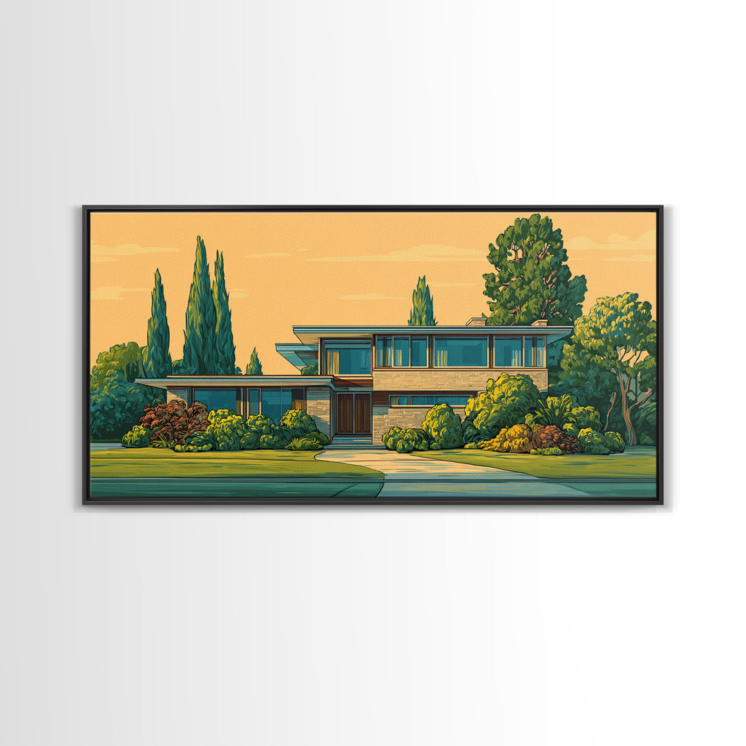 Cypress Garden Midcentury Home Framed Canvas Print, Modern Architecture Wall Art, Retro Palm Springs Decor, Living Room Art