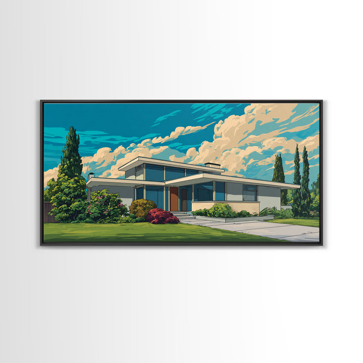 White Midcentury House With Dramatic Clouds Framed Canvas Print, Modern Wall Art, Retro Architecture Poster, Home Office Decor
