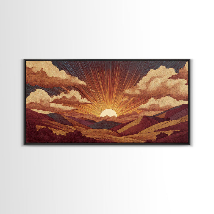 Textured Mountain Sunrise Valley Wall Art, Retro Landscape Poster, Midcentury Modern Art Print, Earth Tone Home Decor Gift