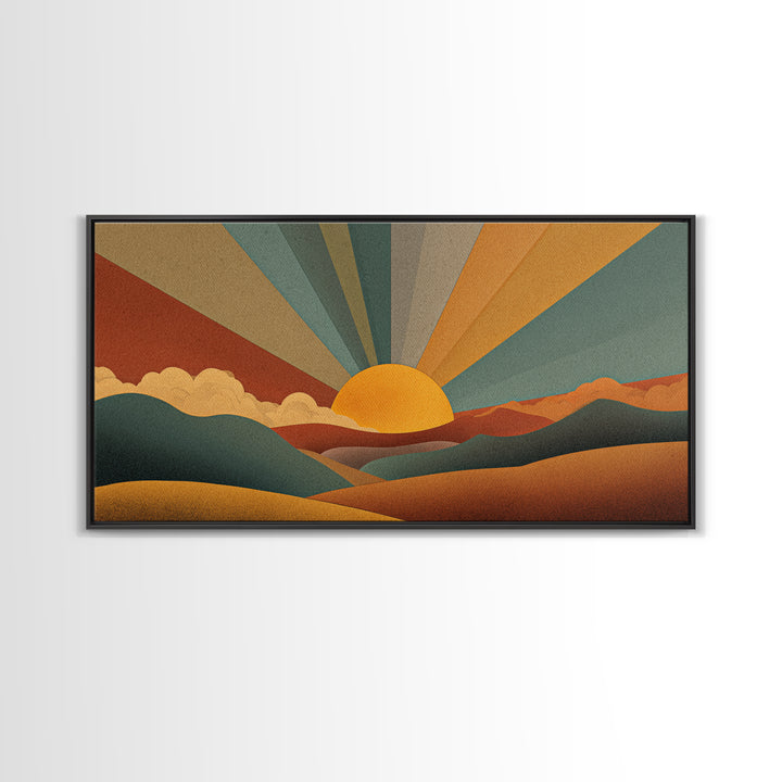 Geometric Retro Sunrise Over Rolling Hills Canvas Print, Midcentury Modern Wall Art, Boho Landscape Poster, Earth Tone Decor