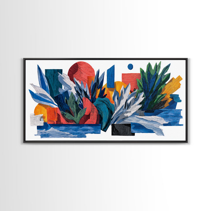 Textured Tropical Leaf Collage Framed Canvas Print, Blue Red Botanical Wall Art, Mid Century Modern Abstract Decor For Living Room