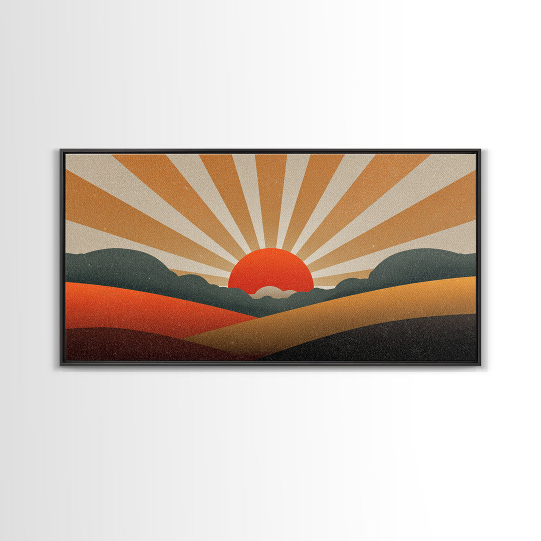 Orange Sunburst Desert Hills Wall Art, Mid Century Modern Canvas, Retro Landscape Poster, MCM Decor, Living Room Print, Home Decor