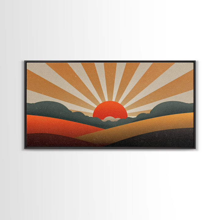 Orange Sunburst Desert Hills Wall Art, Mid Century Modern Canvas, Retro Landscape Poster, MCM Decor, Living Room Print, Home Decor