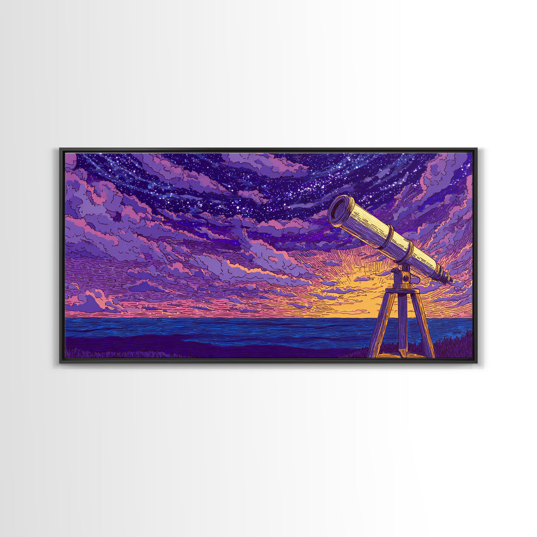 Purple Starry Telescope Ocean Wall Art, Retro Sci Fi Poster, Cosmic Mid Century Modern Decor, Space Astronomy Canvas Print