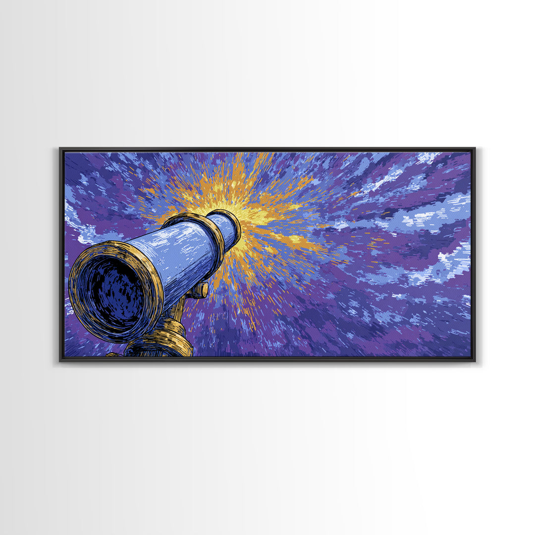 Blue Telescope Starburst Framed Canvas Print, Retro Sci Fi Wall Art, Space Astronomy Poster, Mid Century Modern Office Decor