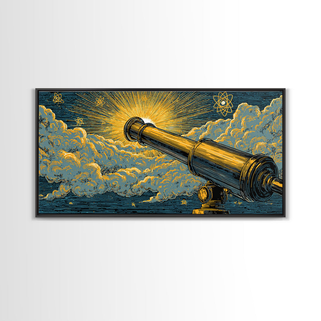 Golden Telescope Atomic Clouds Wall Art, Mid Century Modern Space Decor, Retro Astronomy Poster, MCM Canvas Print For Office