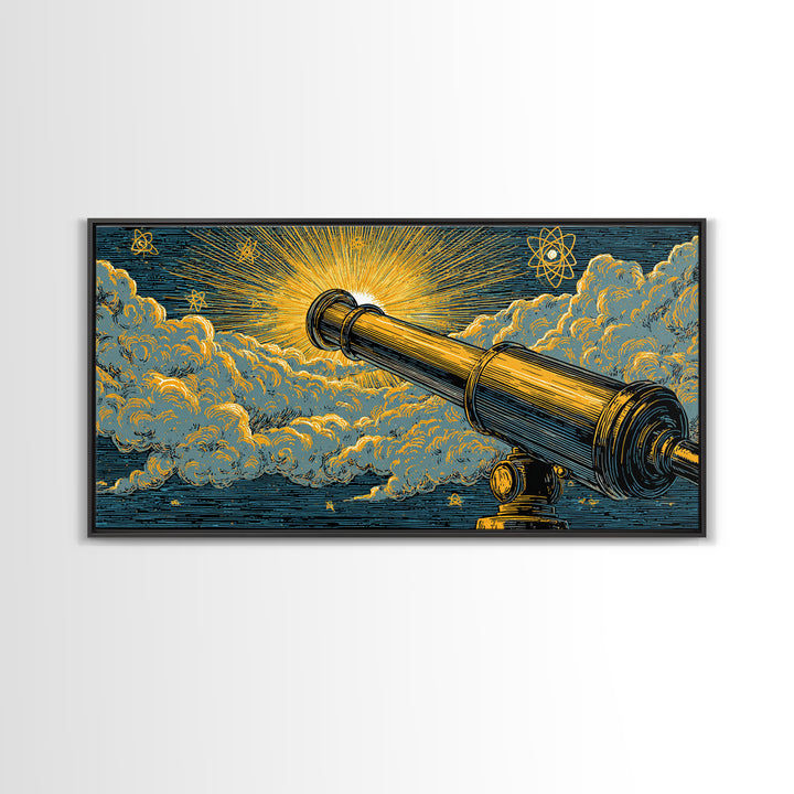 Golden Telescope Atomic Clouds Wall Art, Mid Century Modern Space Decor, Retro Astronomy Poster, MCM Canvas Print For Office