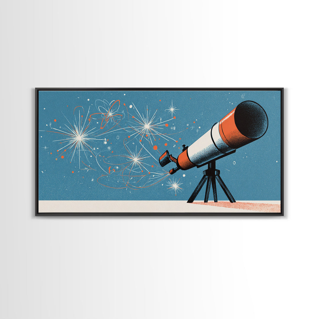 Atomic Telescope Blue Sky Canvas Print, Retro Space Wall Art, Mid Century Modern Astronomy Poster, MCM Nursery Office Decor