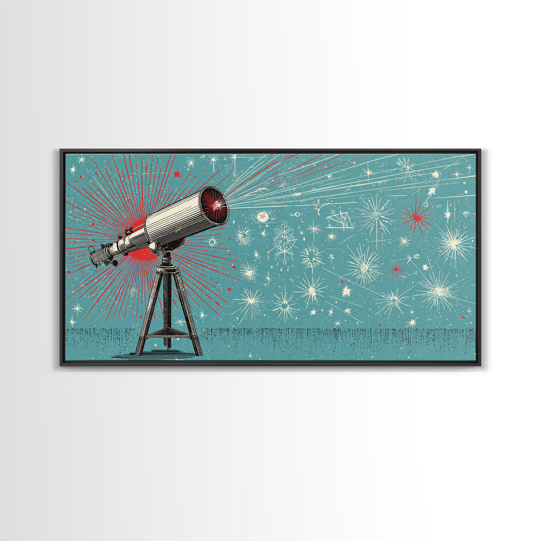 Teal Atomic Telescope Starburst Wall Art, Mid Century Modern Space Poster, Retro Sci Fi Canvas Print, Office Decor Gift Idea