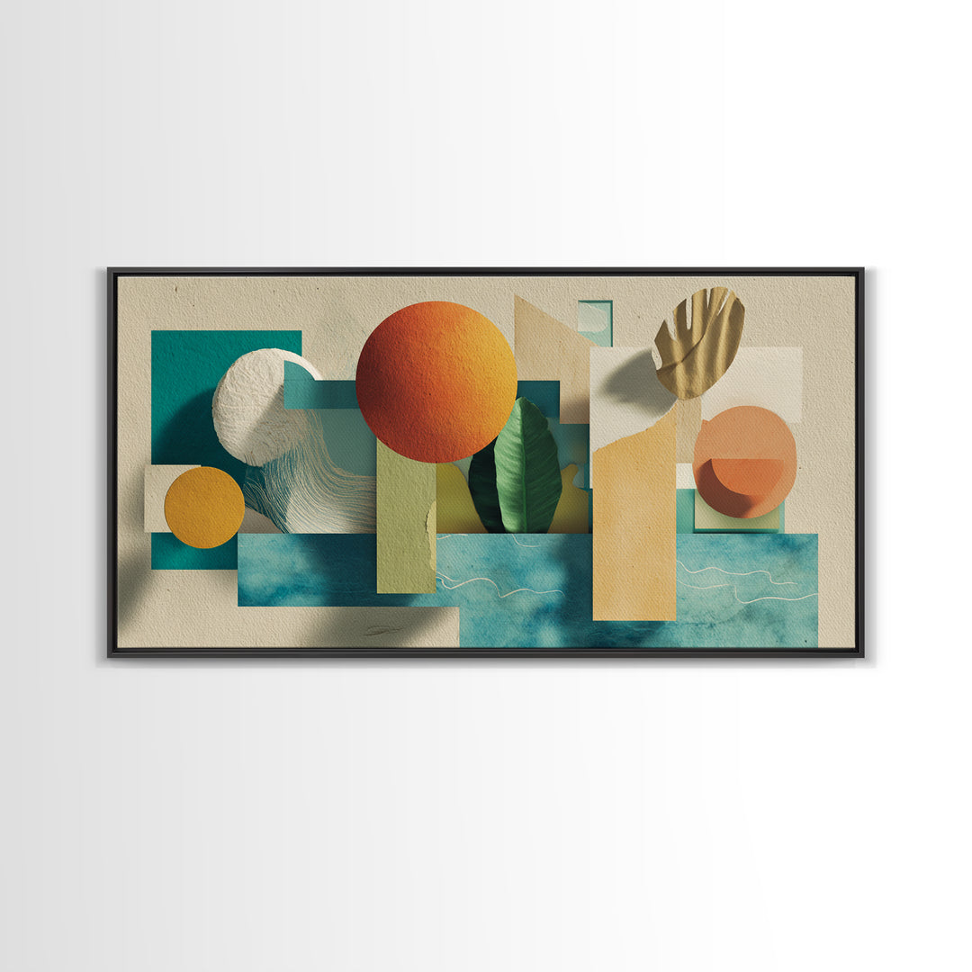 Neutral Teal Orange Geometric Still Life Wall Art, Mid Century Modern Canvas Print, Botanical Shapes, Coastal Home Decor