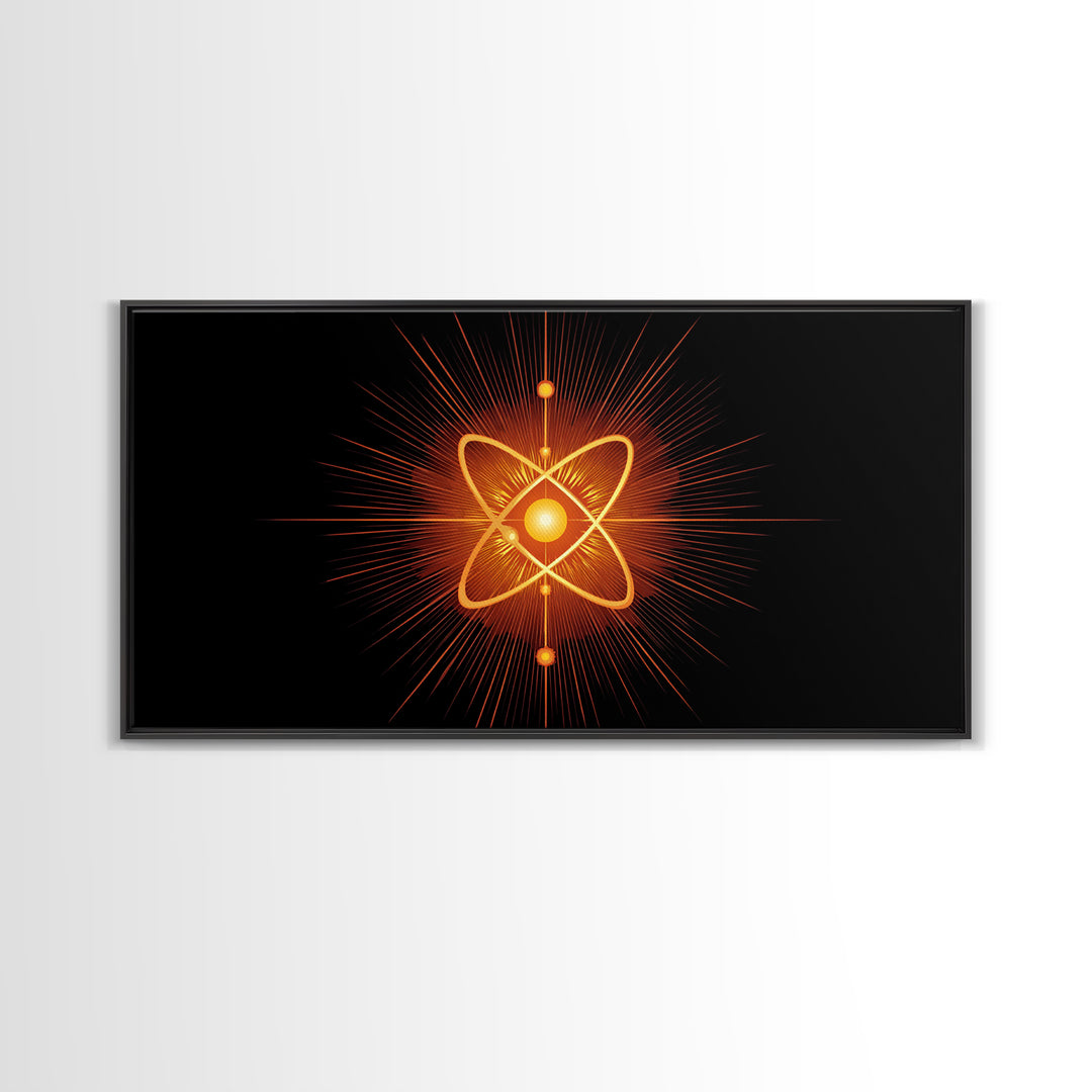 Glowing Orange Atom Wall Art, Black Space Abstract Poster, Mid Century Modern Science Decor, Atomic MCM Canvas Print Gift
