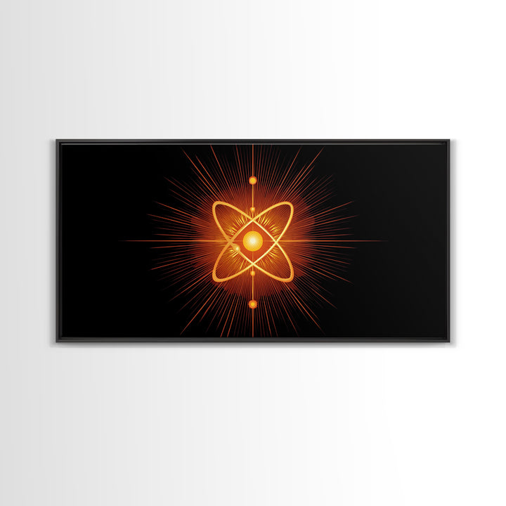 Glowing Orange Atom Wall Art, Black Space Abstract Poster, Mid Century Modern Science Decor, Atomic MCM Canvas Print Gift