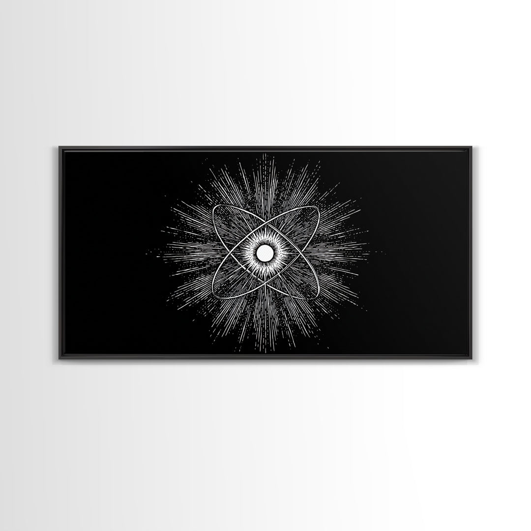 Black And White Atomic Burst Wall Art, Modern Abstract Science Poster, Mid Century Modern Decor, Monochrome Canvas Print