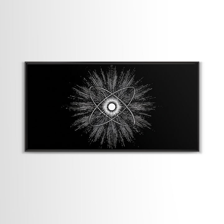 Black And White Atomic Burst Wall Art, Modern Abstract Science Poster, Mid Century Modern Decor, Monochrome Canvas Print