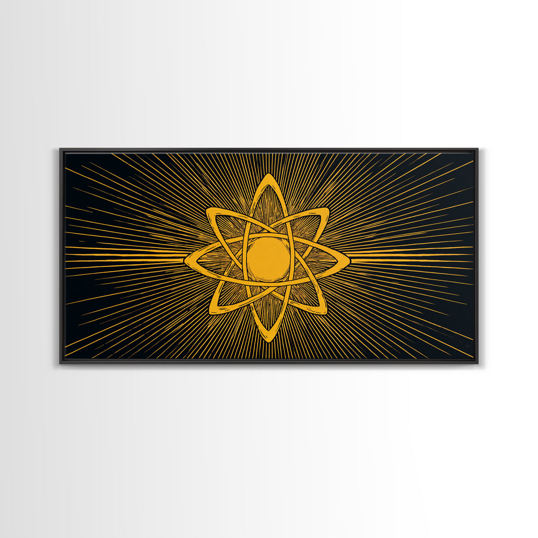 Gold Atomic Rays Canvas Print, Black Mid Century Modern Science Poster, Retro Space Wall Art, Bold Geometric MCM Decor Gift