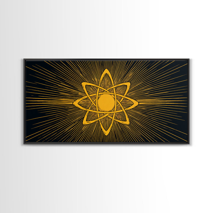 Gold Atomic Rays Canvas Print, Black Mid Century Modern Science Poster, Retro Space Wall Art, Bold Geometric MCM Decor Gift