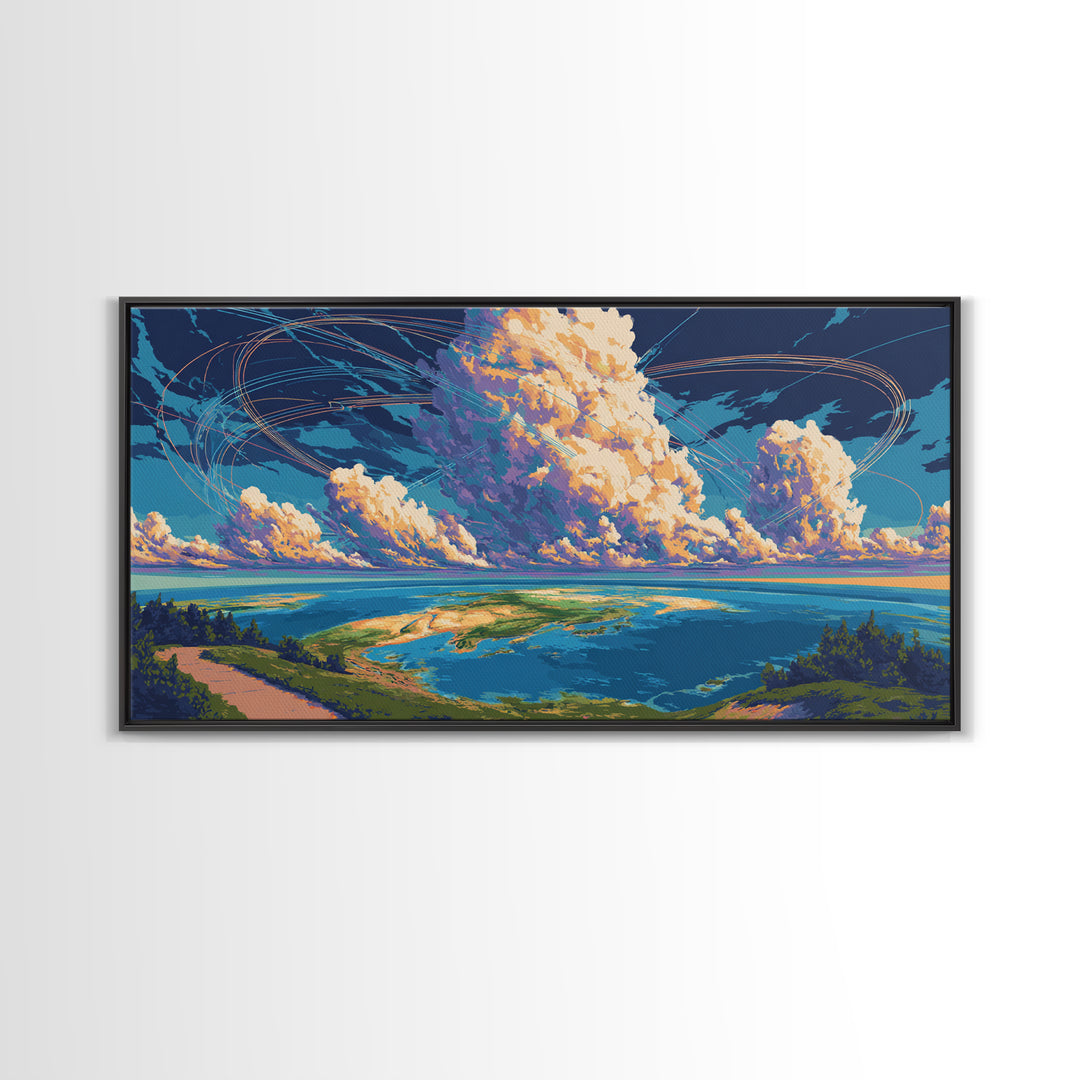 Cloudy Coastal Lagoon Wall Art, Modern Landscape Canvas Print, Blue Tropical Travel Poster, Scenic Lake House Decor Gift