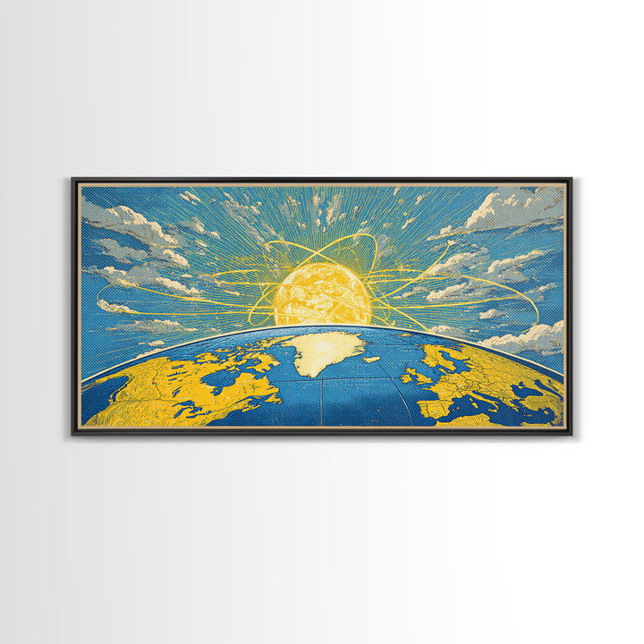 Atomic Earth Sunrise Wall Art, Blue Yellow Retro Science Poster, Mid Century Modern Space Decor, Celestial Canvas Print Gift