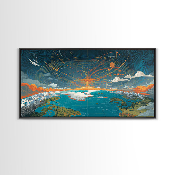 Cosmic Mountain Lake Sunset Wall Art, Panoramic Modern Landscape Print, Scenic Cabin Decor, Blue Orange Living Room Art Print