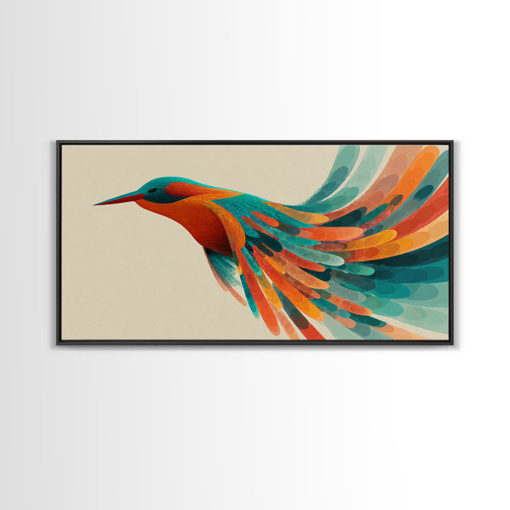 Colorful Hummingbird In Flight Canvas Print, Midcentury Modern Bird Art, Tropical Nature Decor, Vibrant Living Room Wall Art