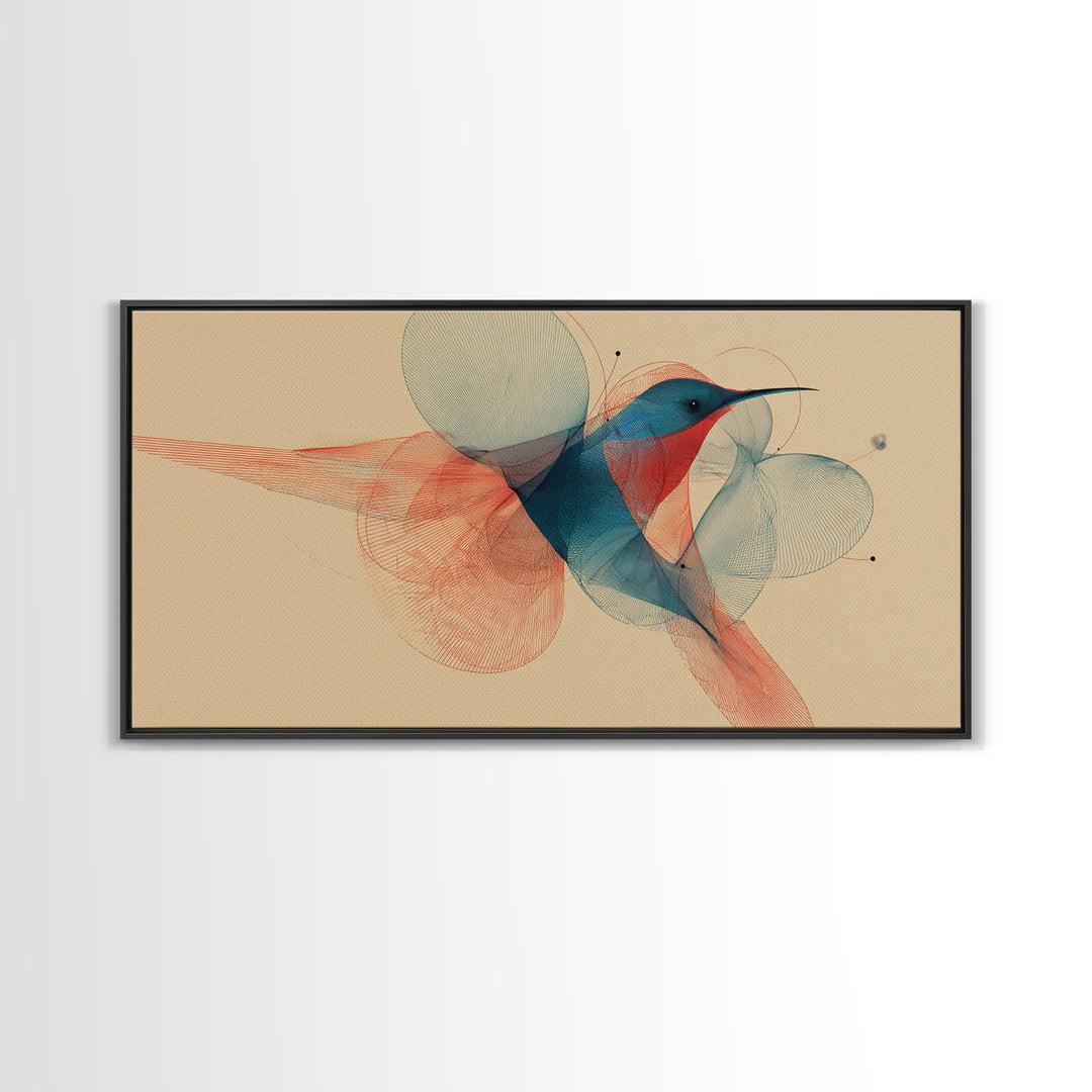 Abstract Hummingbird With Circle Forms Wall Art, Midcentury Modern Bird Print, Geometric Nature Decor, Teal Coral Art Print
