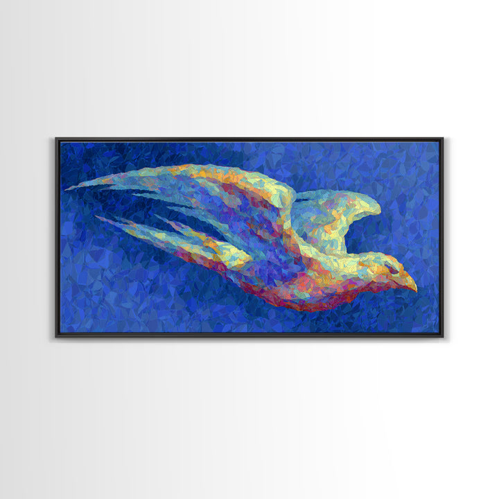 Blue Mosaic Bird In Flight Framed Canvas Print, Modern Abstract Wildlife Art, Colorful Nature Decor, Bold Living Room Wall Art
