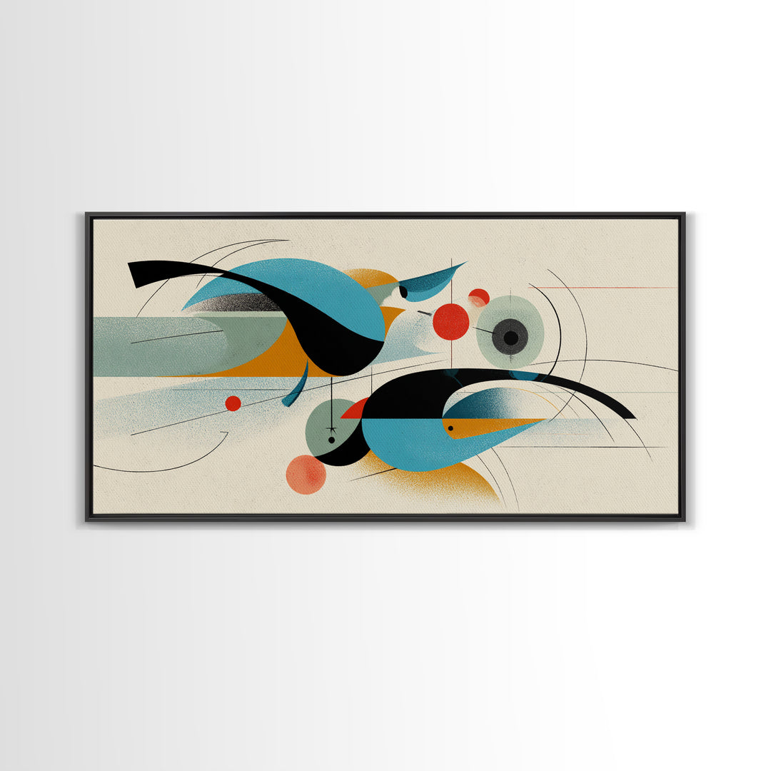 Geometric Abstract Birds Wall Art, Midcentury Modern Shapes Print, Bauhaus Inspired Decor, Teal Orange Living Room Art Print