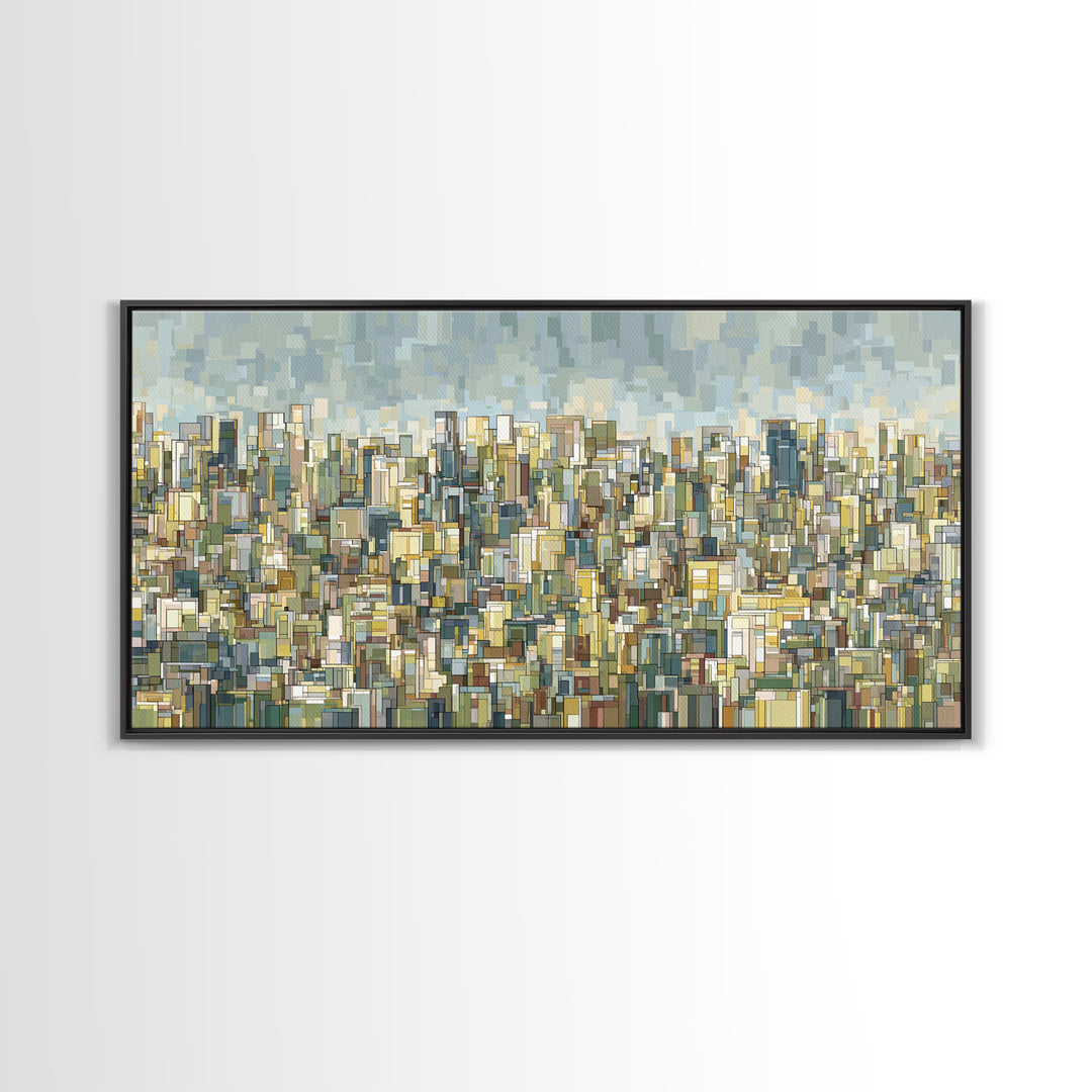 Dense City Skyline Wall Art, Modern Architectural Print, Abstract Urban Landscape Decor, Blue Beige Living Room Art Print