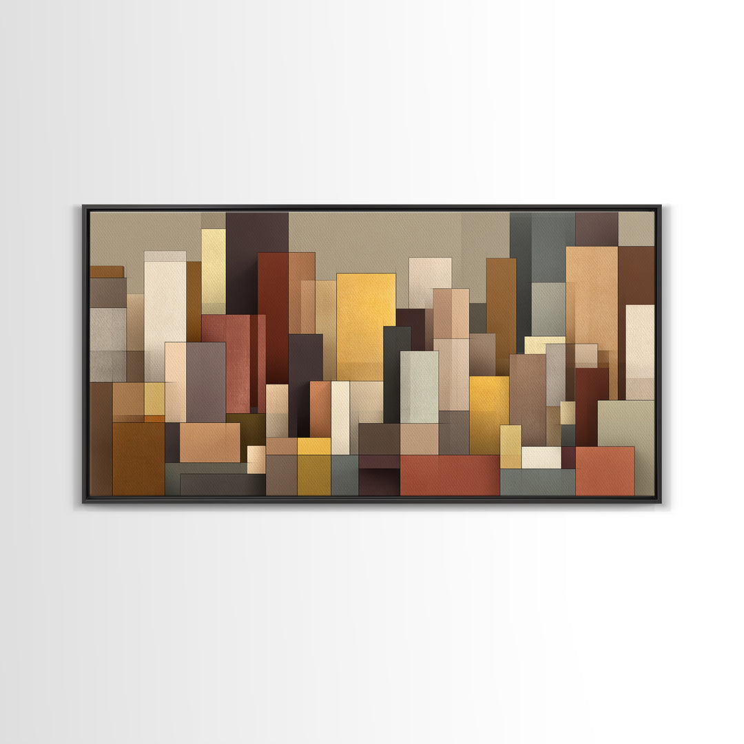 Earth Tone Geometric City Wall Art, Modern Abstract Skyline Print, Midcentury Decor, Neutral Brown Living Room Art Print