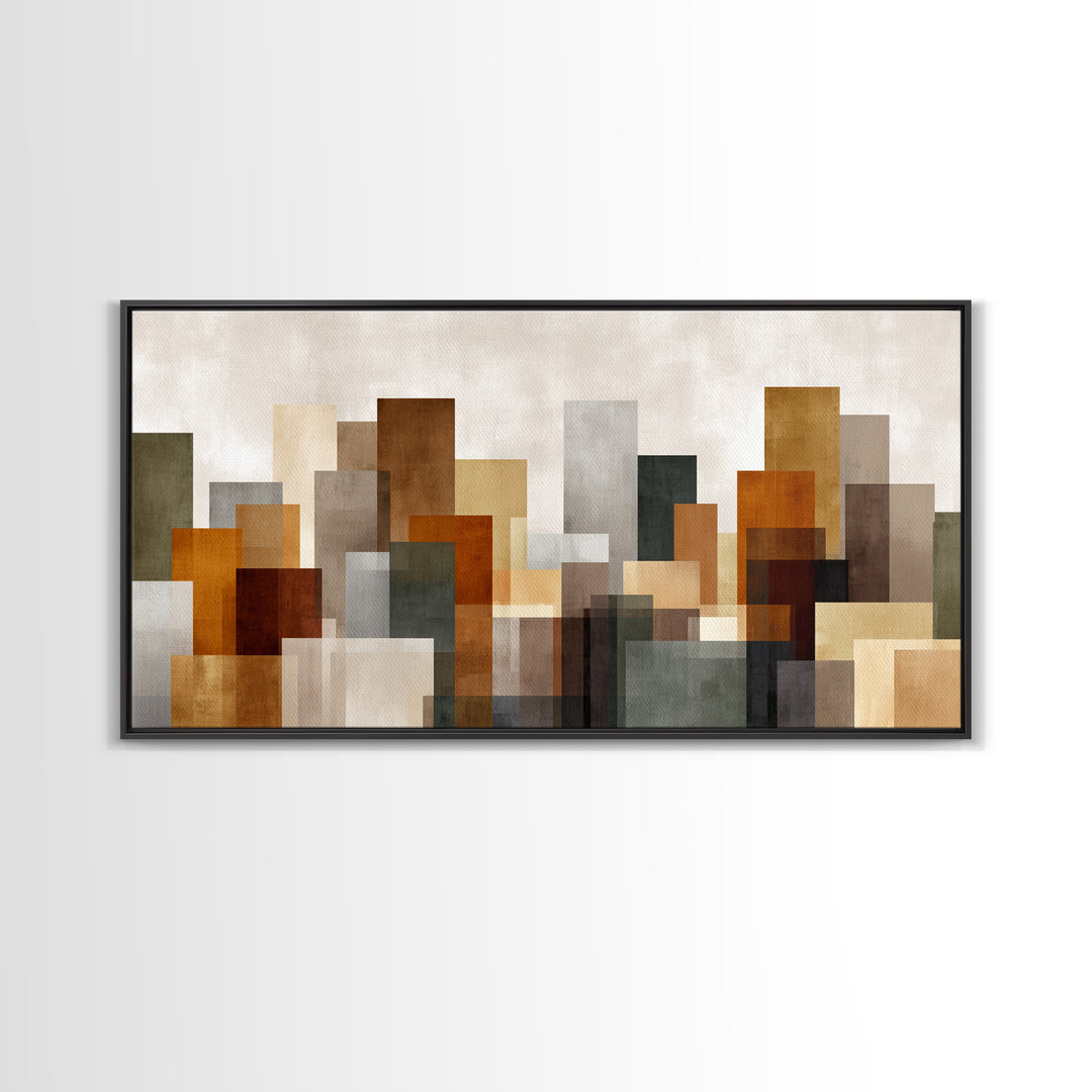 Transparent Abstract Skyline Canvas Print, Modern Geometric City Wall Art, Warm Neutral Decor, Contemporary Living Room Art