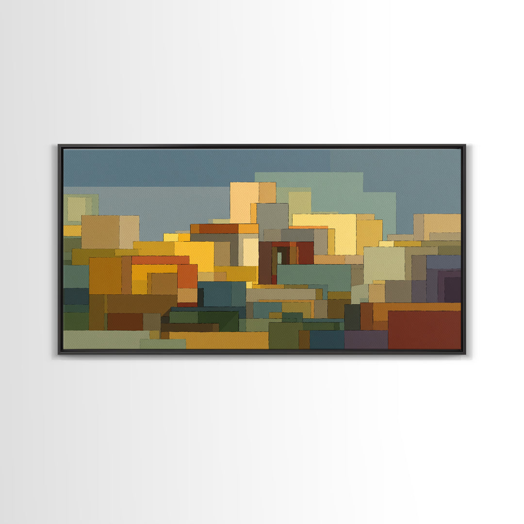 Abstract City Blocks In Muted Teal And Ochre Wall Art, Mid Century Modern Print, Geometric Home Decor, Living Room Artwork
