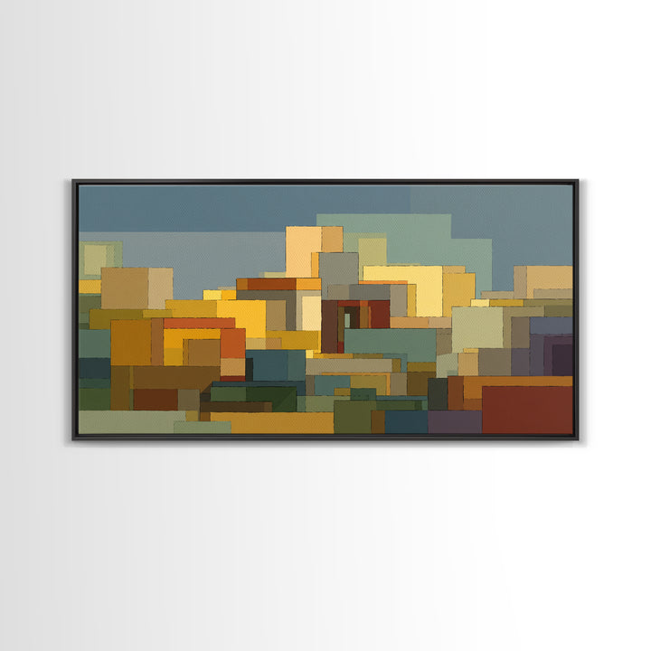 Abstract City Blocks In Muted Teal And Ochre Wall Art, Mid Century Modern Print, Geometric Home Decor, Living Room Artwork