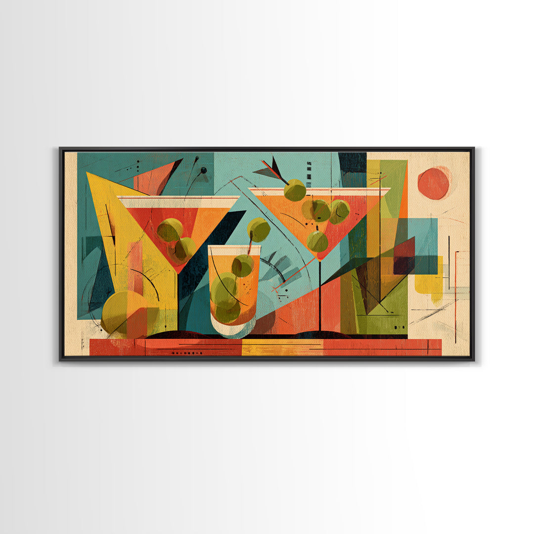 Midcentury Martini Glasses And Olives Wall Art, Atomic Cocktail Poster Print, Retro Bar Decor, Geometric Modern Home Decor