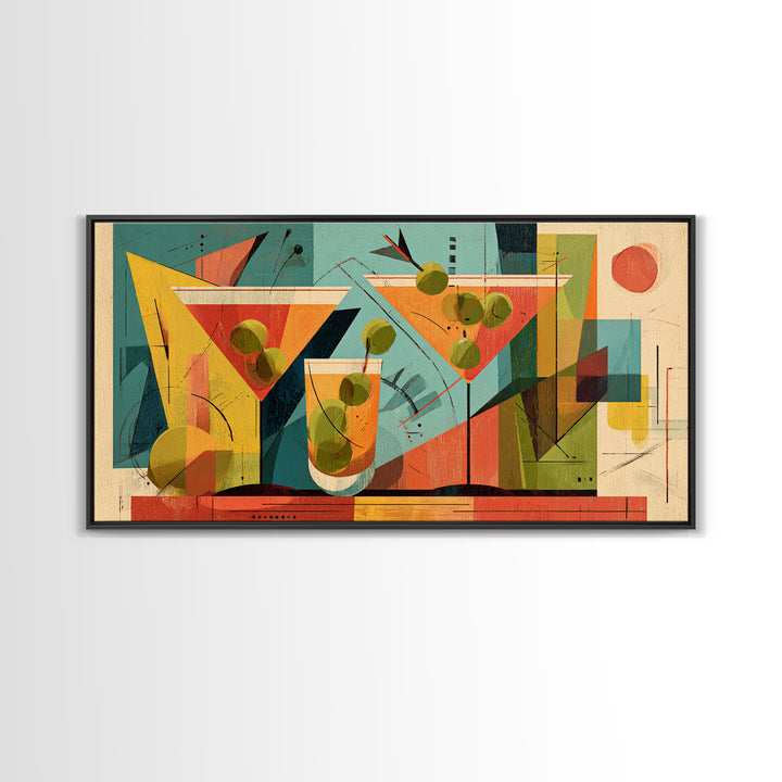 Midcentury Martini Glasses And Olives Wall Art, Atomic Cocktail Poster Print, Retro Bar Decor, Geometric Modern Home Decor