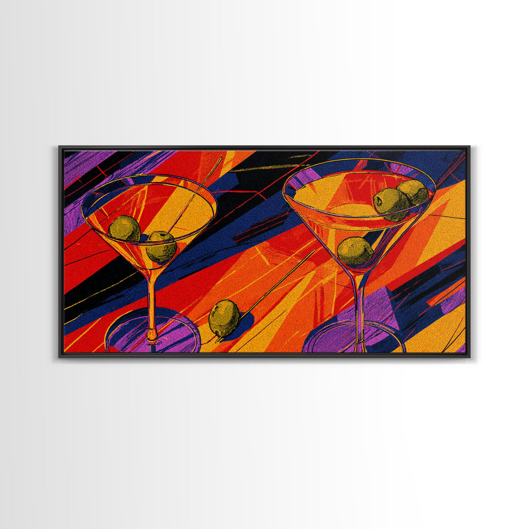 Bold Pop Art Martini Glasses With Olives Canvas Print, Retro Cocktail Poster, Colorful Bar Cart Decor, Modern Kitchen Wall Art