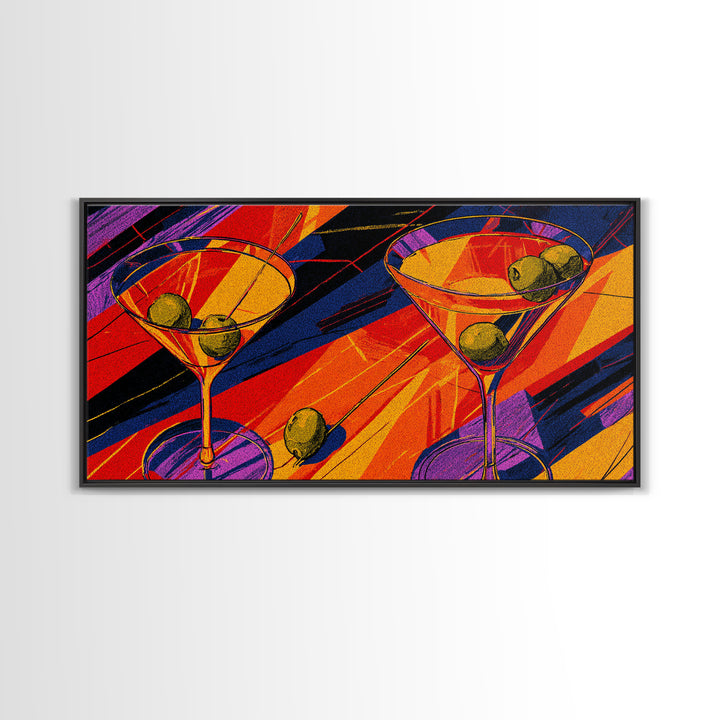 Bold Pop Art Martini Glasses With Olives Canvas Print, Retro Cocktail Poster, Colorful Bar Cart Decor, Modern Kitchen Wall Art