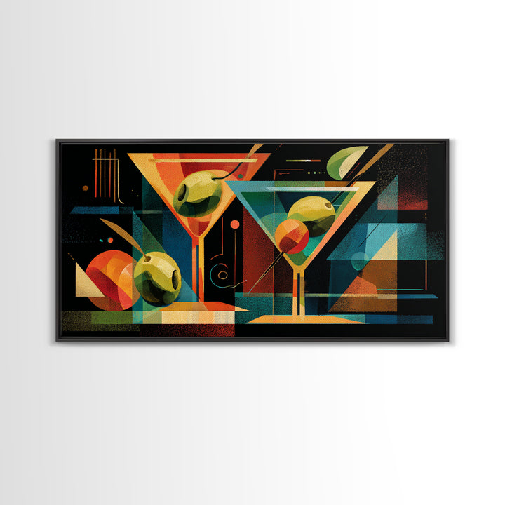 Bauhaus Martini Glasses And Green Olives Framed Canvas Print, Mid Century Modern Bar Wall Decor, Atomic Cocktail Art Print