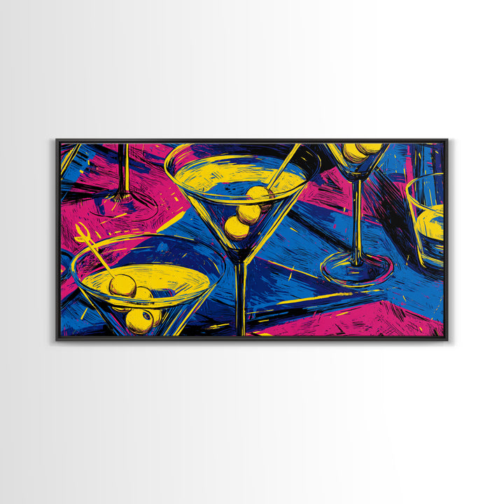 Electric Neon Martini Glasses And Olives Wall Art, Pop Art Cocktail Poster, Retro Bar Cart Decor, Colorful Kitchen Art Print