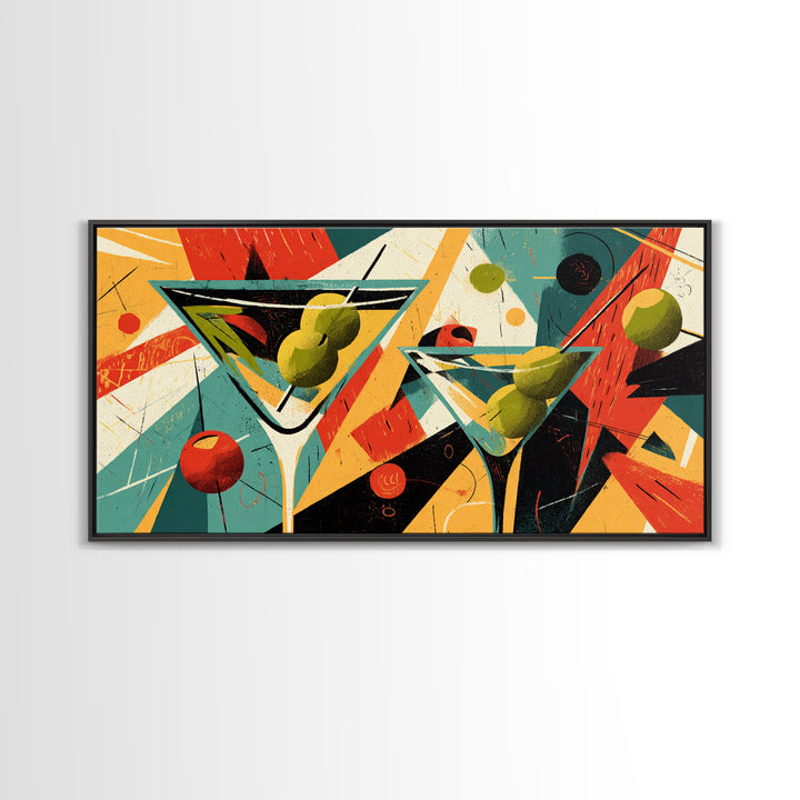Retro Martini Glasses With Olives And Oranges Wall Art, Midcentury Modern Cocktail Poster, Atomic Bar Decor, Kitchen Art Print