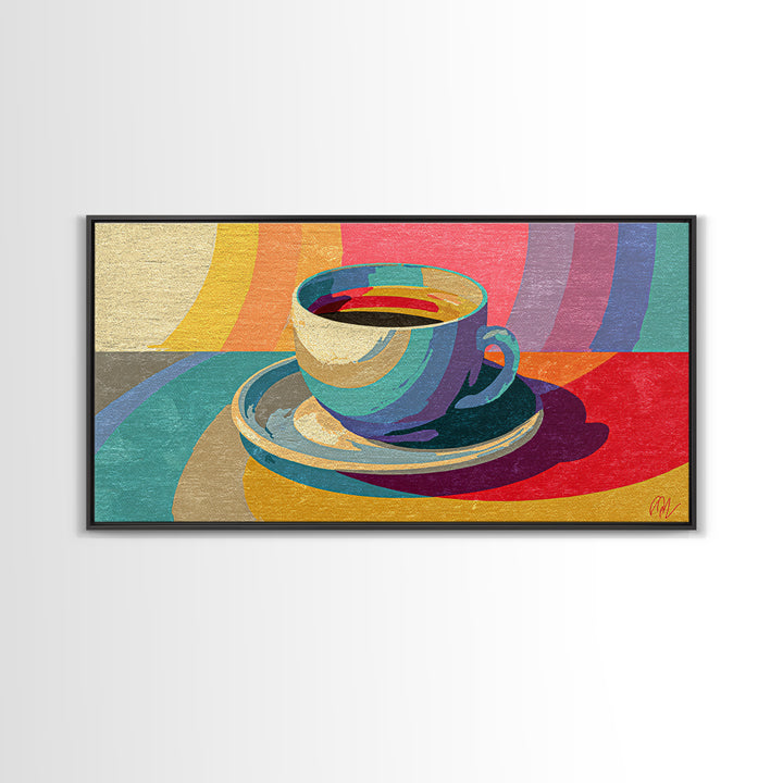 Rainbow Coffee Cup And Saucer Canvas Print, Retro Kitchen Wall Art, Colorful Midcentury Poster, Bright Cafe Home Decor Print