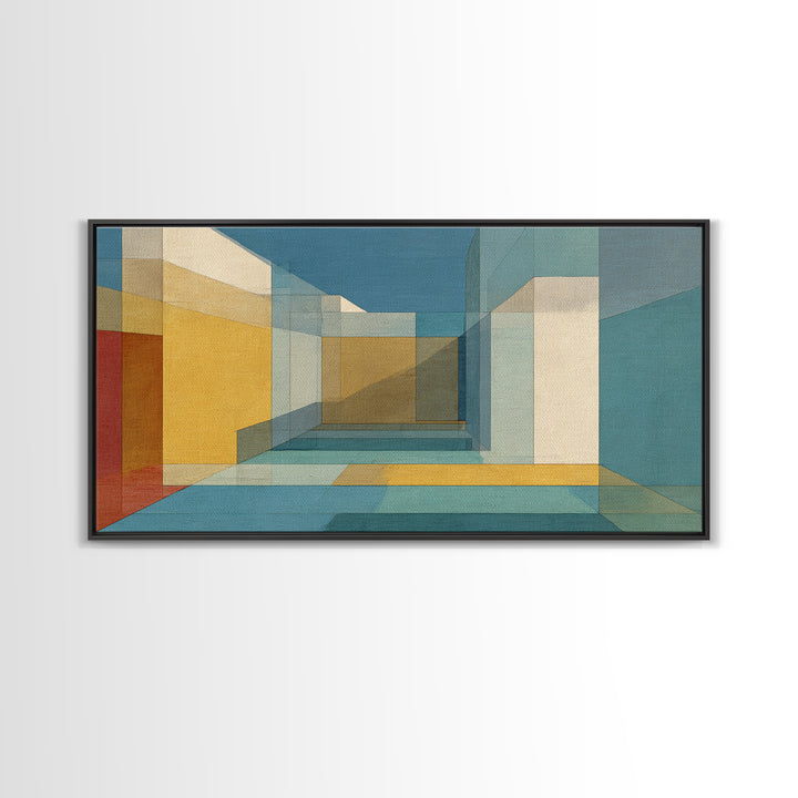 Abstract Desert Passage Wall Art, Geometric Architecture Canvas Print, Midcentury Modern Decor, Teal Gold Perspective Poster