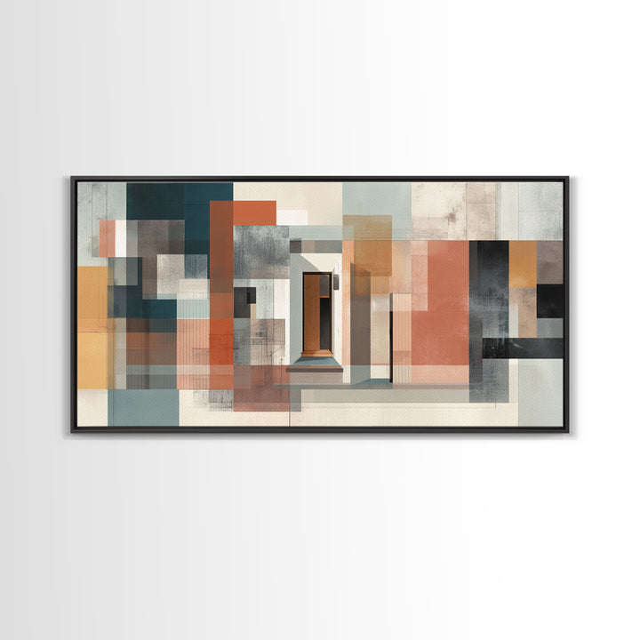 Abstract Doorway Facade Canvas Print, Bauhaus Architecture Wall Art, Midcentury Modern Decor, Rust Teal Office Poster Print
