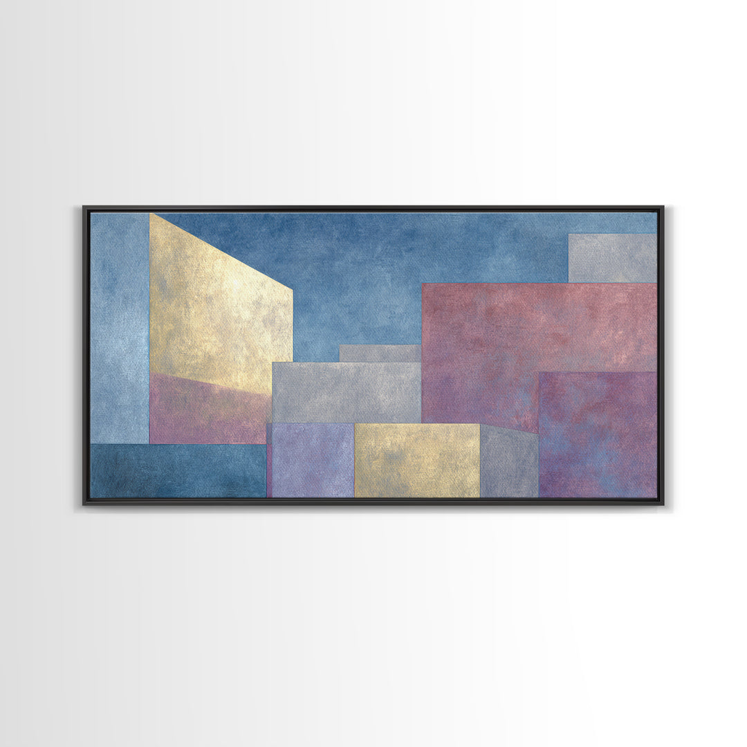 Pastel Architectural Blocks Wall Art, Minimal Geometric Modern Decor, Blue Purple Abstract Framed Canvas Print For Office