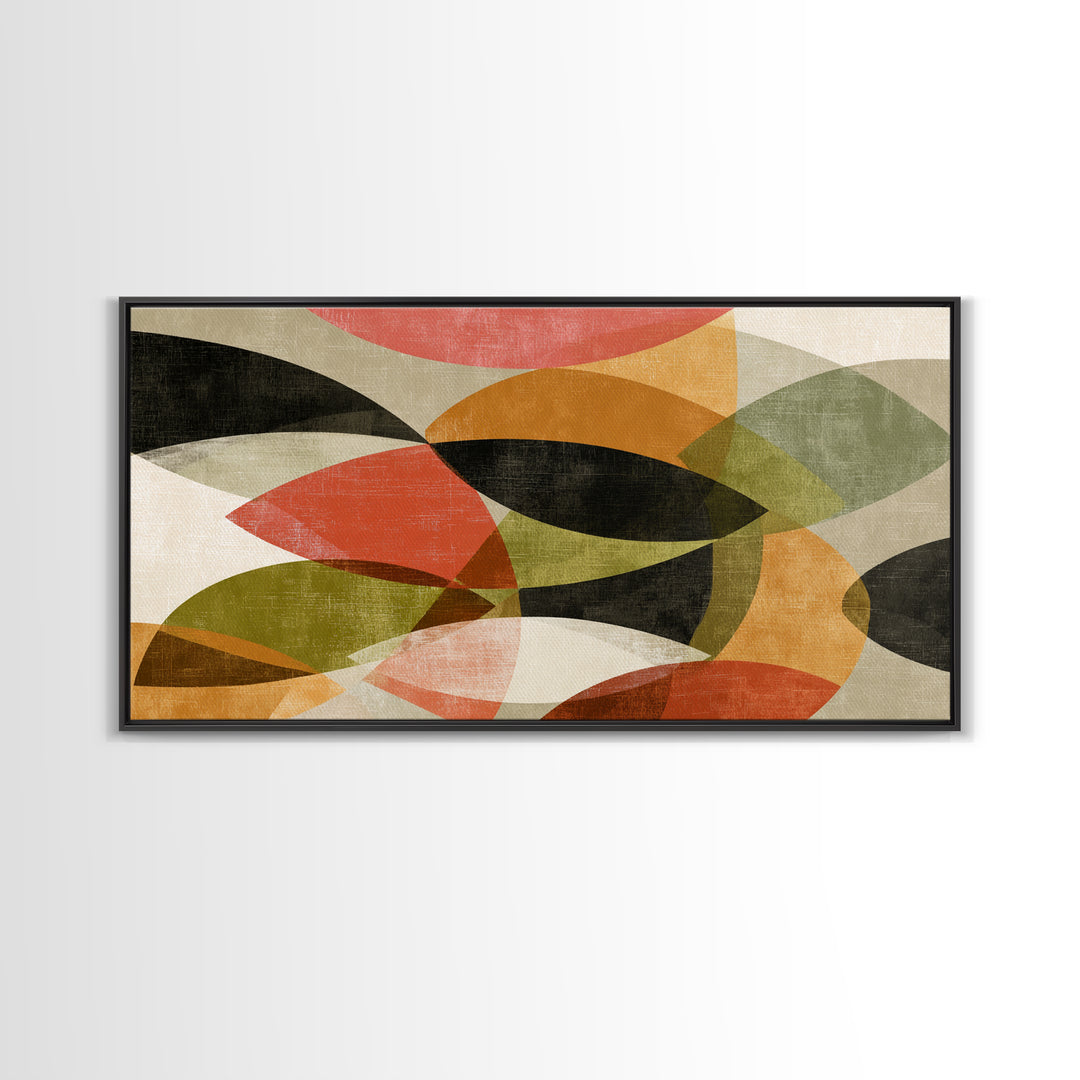 Layered Olive Red And Orange Abstract Leaves Wall Art, Midcentury Modern Art Print, Retro Geometric Decor For Living Room