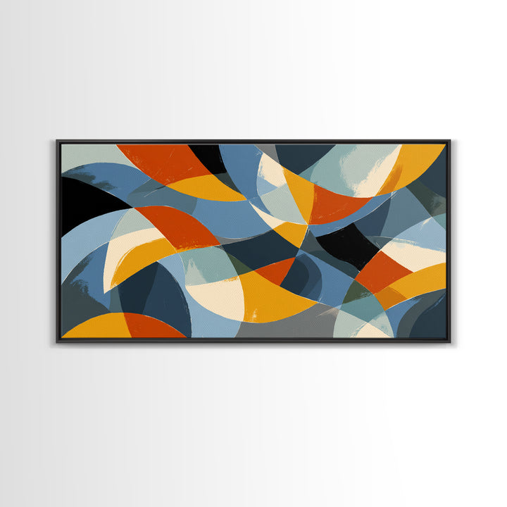 Blue Orange And Golden Crescent Geometry Wall Art, Midcentury Modern Abstract Art Print, Retro MCM Decor For Office And Home