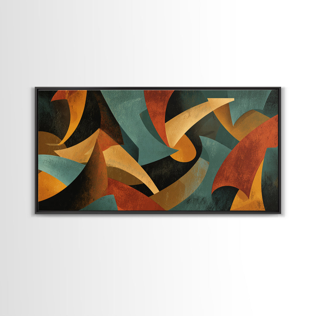 Burnt Orange Teal And Black Sweeping Forms Framed Canvas Print, Midcentury Modern Wall Art, Abstract Retro Decor For Living Room