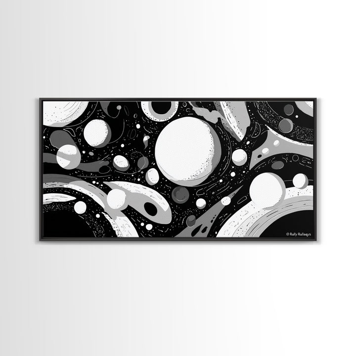 Black White And Gray Cosmic Bubbles Wall Art, Modern Abstract Art Print, Retro Sci Fi Space Decor For Office Or Game Room