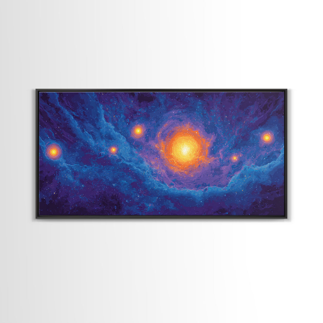 Glowing Blue Galaxy Nebula With Orange Stars Wall Art, Modern Abstract Art Print, Cosmic Retro Poster, Living Room Decor
